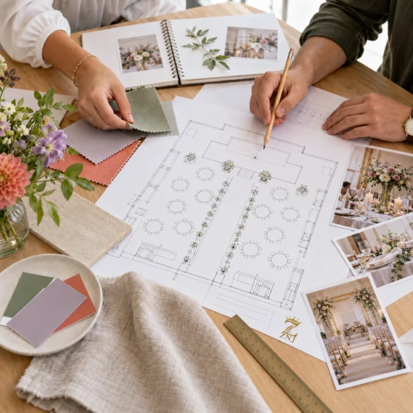 Event planning materials, colour swatches and a floor plan with ZNJ branding.