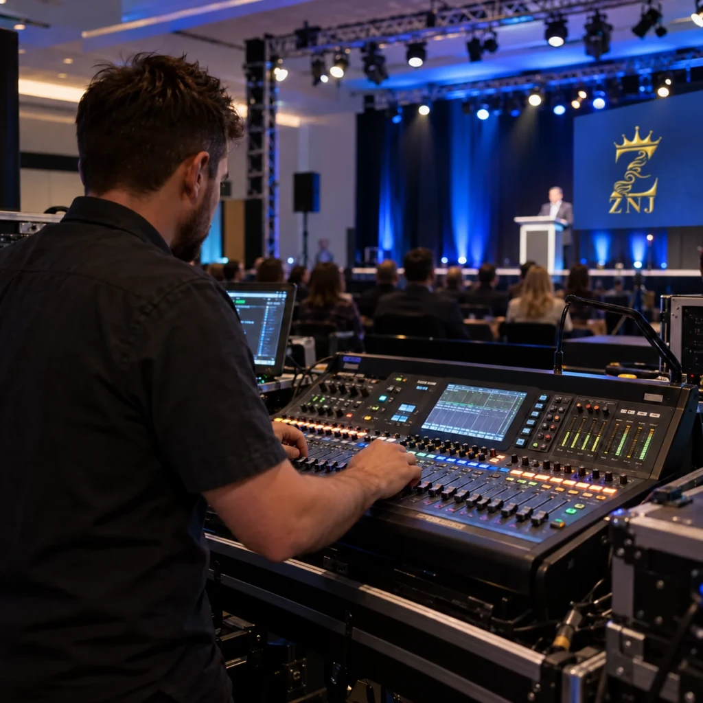 Technician operating an event control console beside a ZNJ-branded stage.