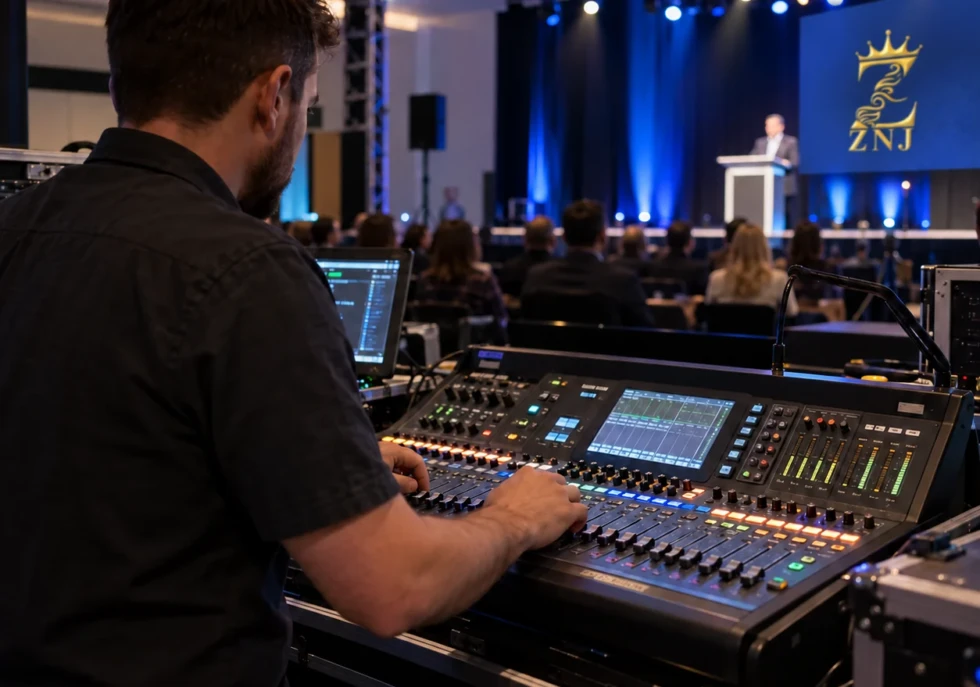 Technician operating an event control console beside a ZNJ-branded stage.