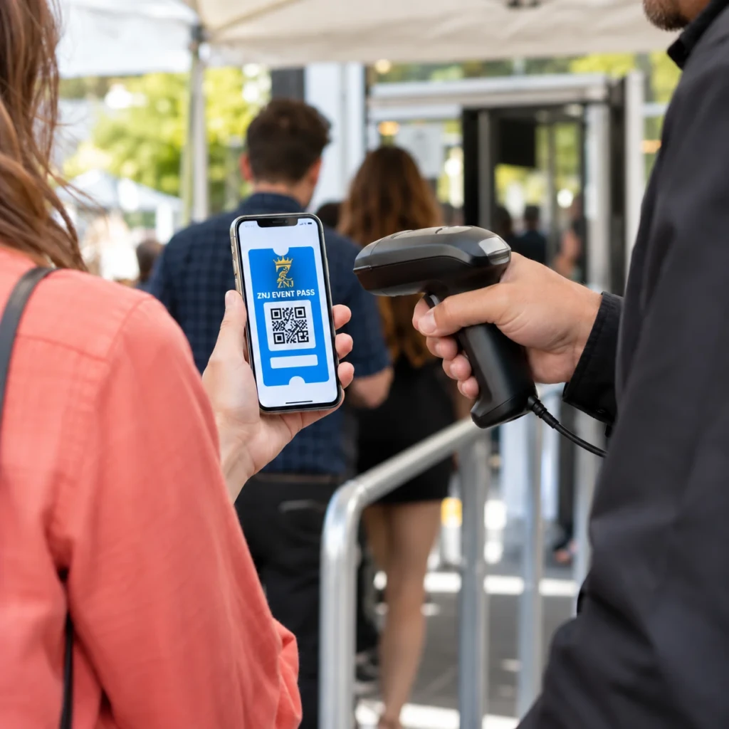 A ZNJ event pass displayed on a phone for QR code scanning.