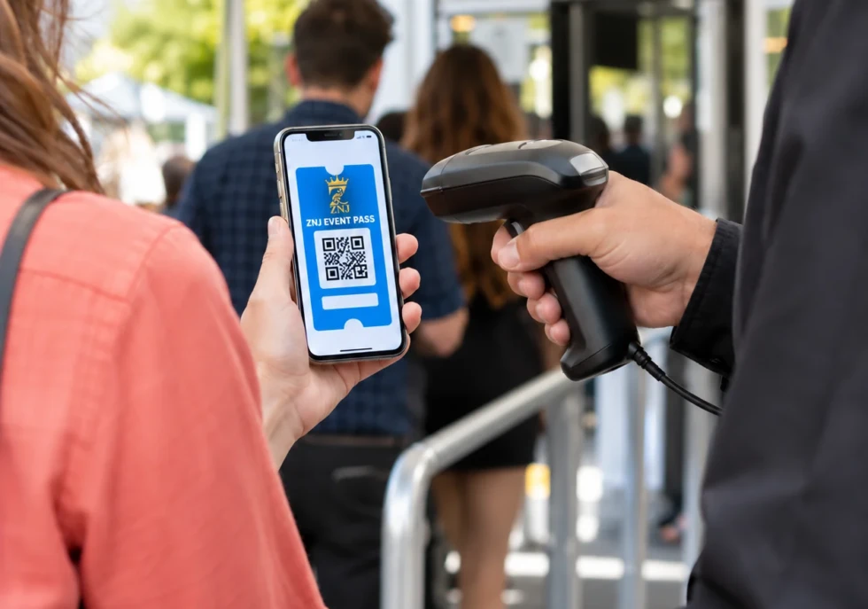 A ZNJ event pass displayed on a phone for QR code scanning.