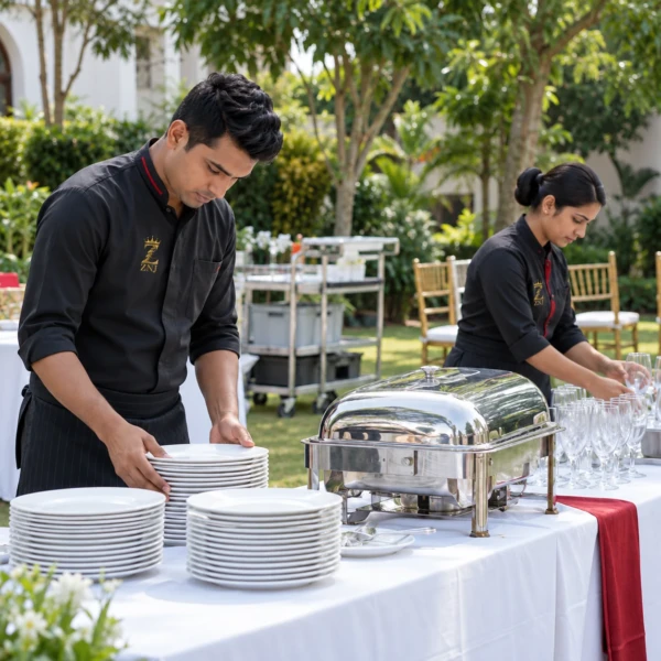 Catering staff in ZNJ-branded uniforms preparing an event buffet.