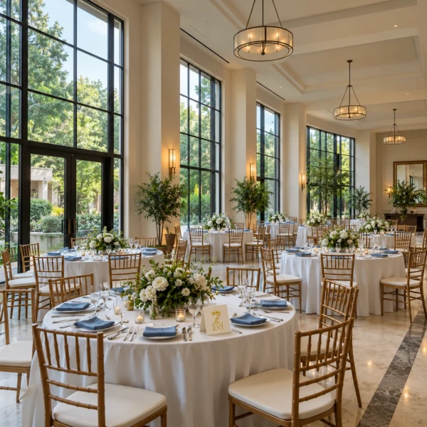 Daylit event venue with banquet tables and a ZNJ table card.