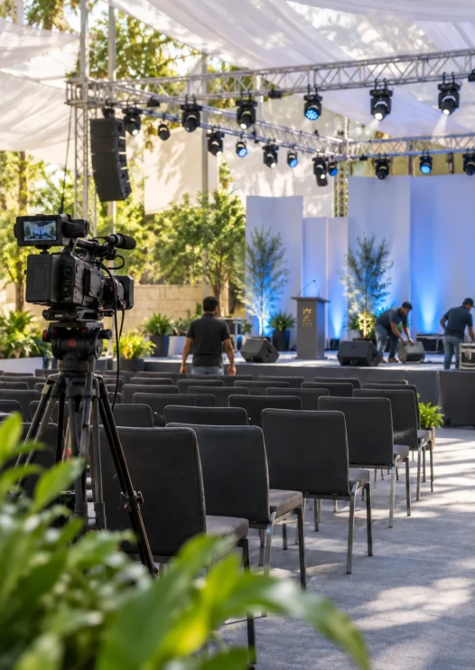 Camera, stage lighting and event setup with ZNJ branding on the lectern.