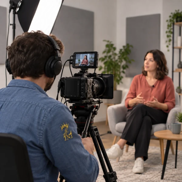 Camera operator wearing a ZNJ sleeve logo filming an interview.