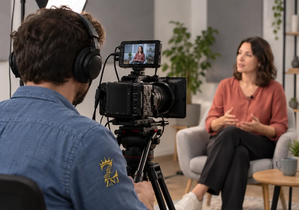 Camera operator wearing a ZNJ sleeve logo filming an interview.