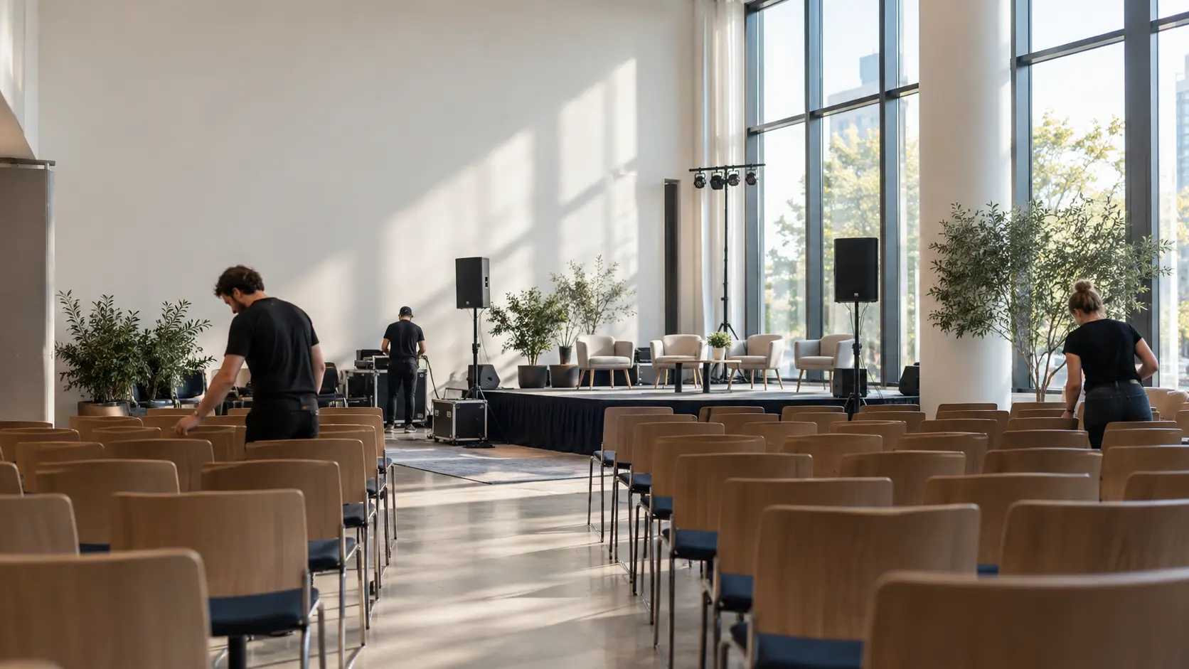 Illustrative event venue preparation in natural daylight