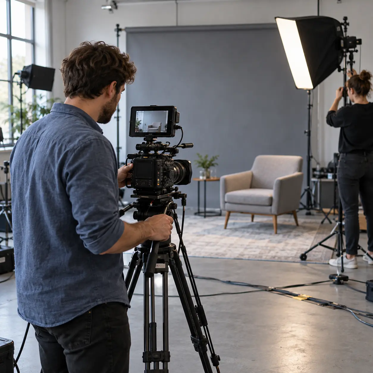 Illustrative camera crew working in a production studio